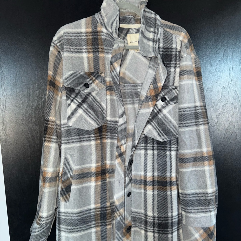 Gray Plaid Button-Up Shirt Jacket